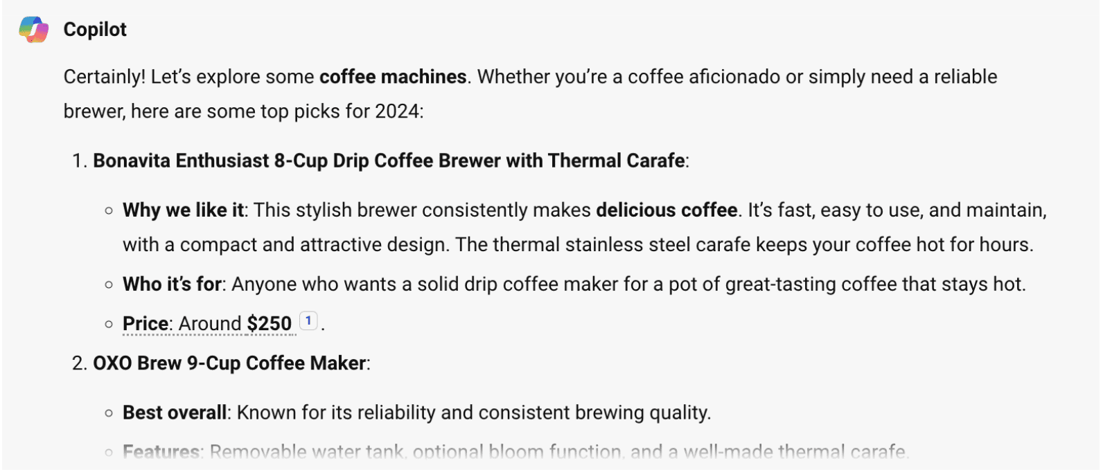 Bing Copilot’s response for the search phrase “coffee machines”.